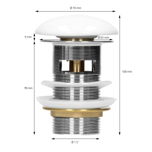 Detailaufnahme Ablaufgarnitur für ML-Design Waschbecken, Keramik weiß, mit Maßangaben.