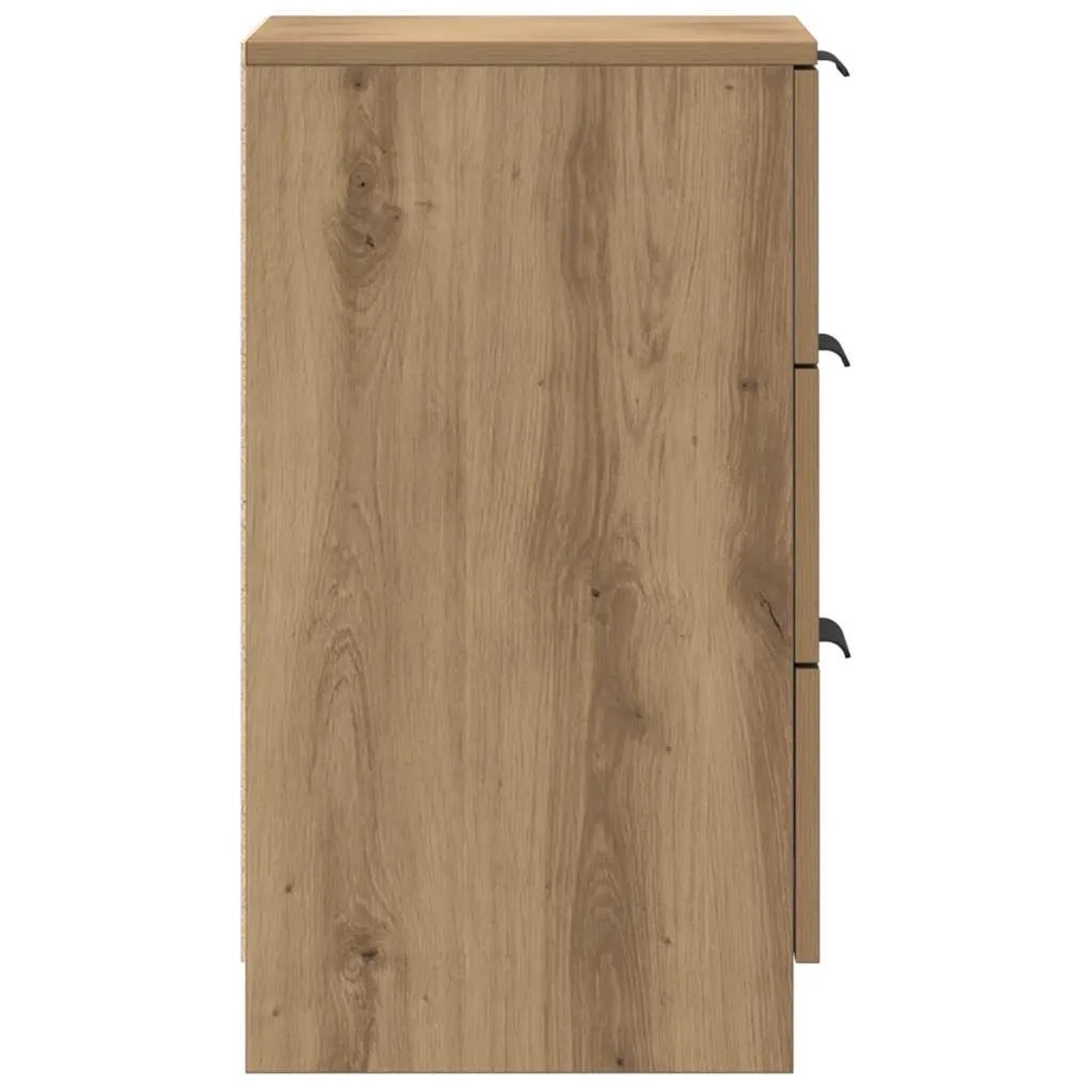 Nachttisch Artisan-Eiche aus Holzwerkstoff, Seitenansicht. Mit 3 Schubladen und schwarzen Griffen.