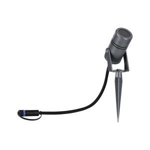 Grauer Paulmann LED-Gartenstrahler Plug & Shine Radon mit Erdspieß für Außenbeleuchtung.