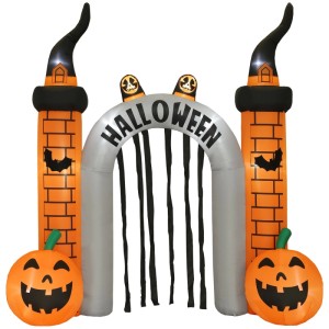 Aufblasbarer Halloween Torbogen mit orangefarbenen Säulen, Hexenhüten, Fledermäusen, Kürbissen und LED-Beleuchtung.