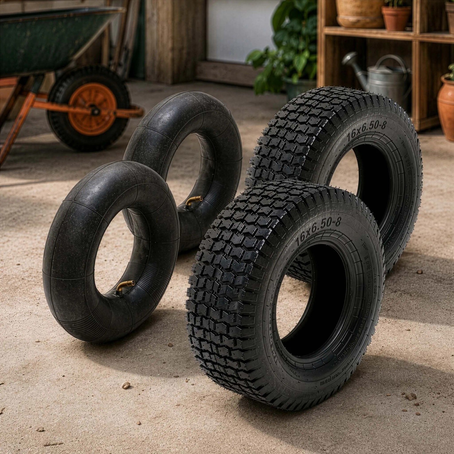 Zwei schwarze Rasentraktor Reifenmäntel mit Profil und zwei Schläuche 16x6.50-8 mit Winkelventil. Zubehör für Rasenmäher.