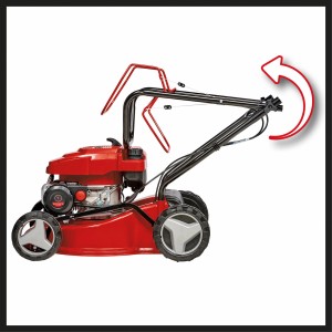 Einhell Benzin-Rasenmäher GC-PM 40/2 S mit klappbarem Holm und rotem Gehäuse.