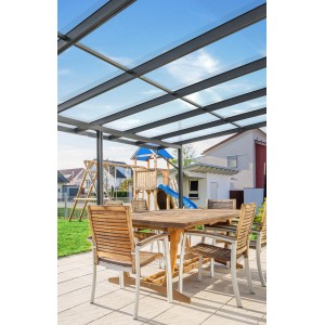 Anthrazit Terrassendach Premium mit VSG Glas, 309,4x306 cm, mit Sitzgruppe im Garten.