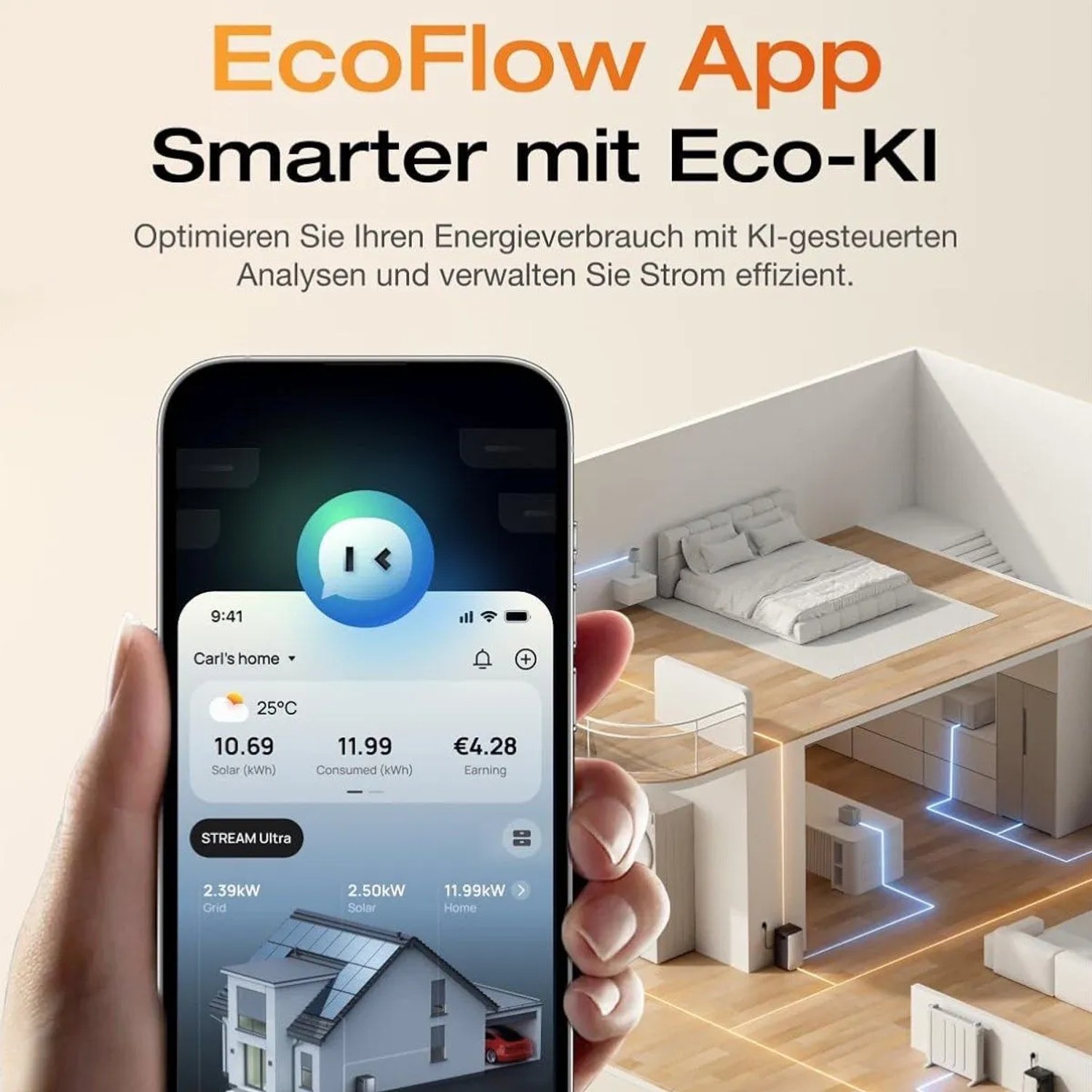 EcoFlow App zur Steuerung des Balkonkraftwerk Sets mit Anzeige von Solarertrag, Verbrauch und Ersparnis.