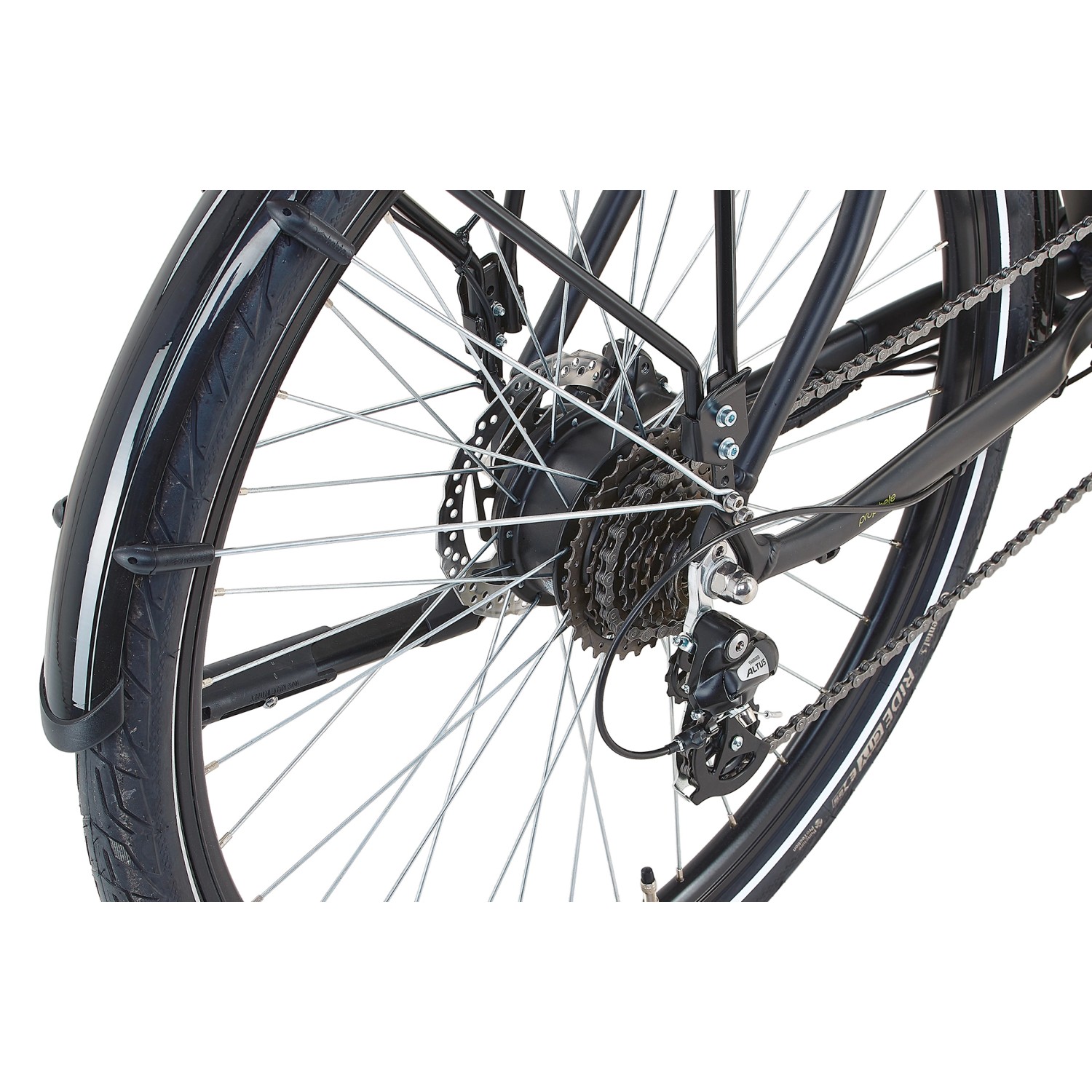 Detailaufnahme Hinterrad, Motor und Schaltung des schwarzen Prophete Trekking E-Bike Entdecker 2.0 Herrenrad 28 Zoll.