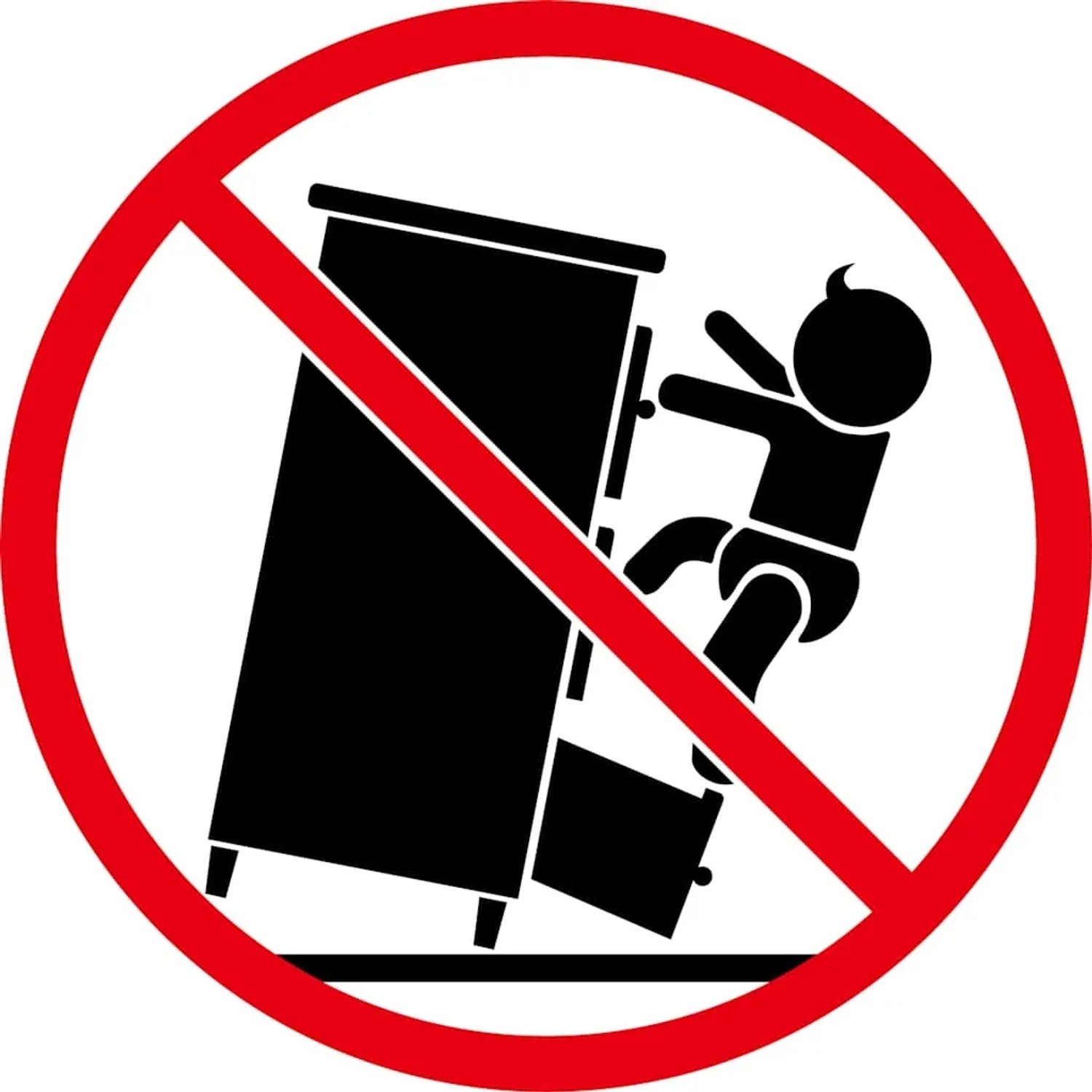 Symbol: Kind klettert auf Nachttisch, durchgestrichen. Kippgefahr!