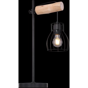 Schwarze Globo Tischleuchte Mina mit Holzdetail und gitterförmigem Lampenschirm.