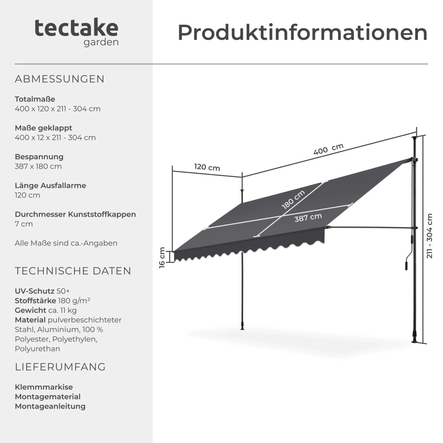 Technische Zeichnung der Tectake Klemmmarkise 400x180 cm in Grau mit Handkurbel und Maßen für Sonnenschutz.