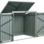 Geöffnete Home Deluxe Mülltonnenbox Basura aus Metall für 2 Tonnen, Pultdach sichtbar.