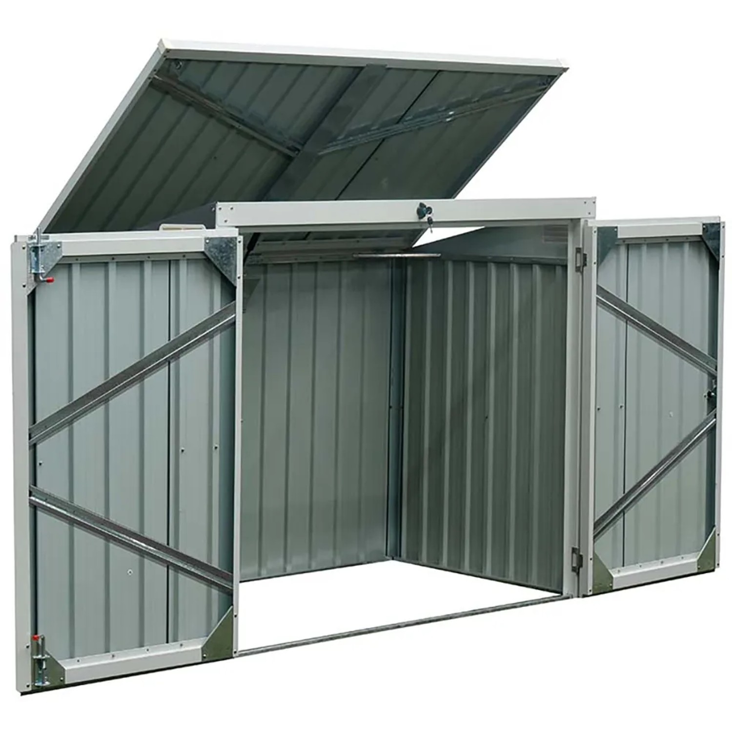 Geöffnete Home Deluxe Mülltonnenbox Basura aus Metall für 2 Tonnen, Pultdach sichtbar.