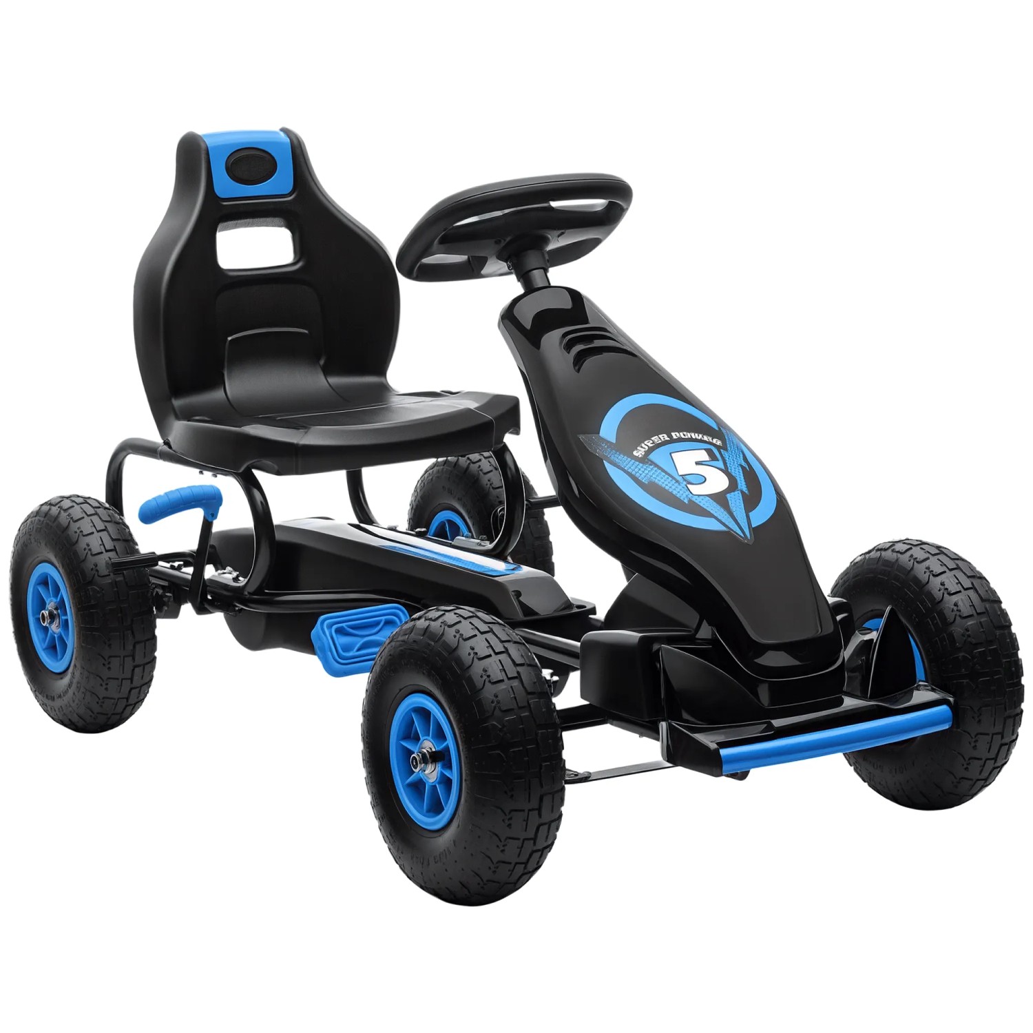 HOMCOM Go-Kart Kinderfahrzeug, Tretfahrzeug mit Pedal und Handbremse, Outdoor, für Garten, Balkon, Blau+Schwarz