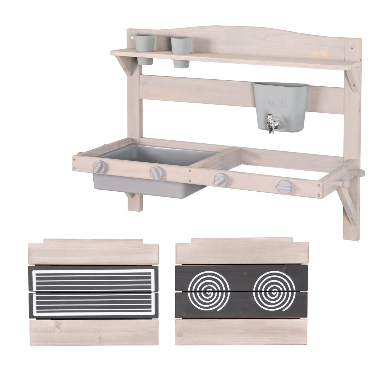 roba Matschküche zum Hängen, grau, aus FSC-Holz mit Spülbecken, Wasserhahn und Kochplatten.