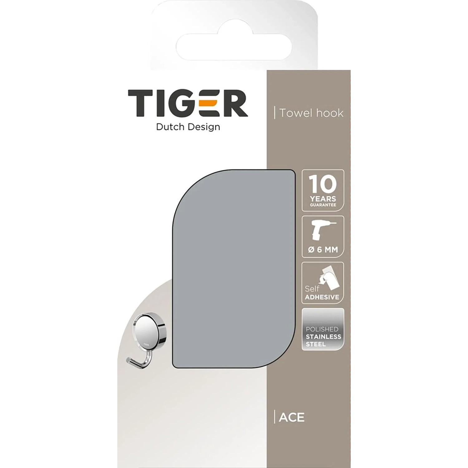 Verpackung des Tiger Handtuchhaken Ace aus poliertem Edelstahl, 5,4 cm groß.
