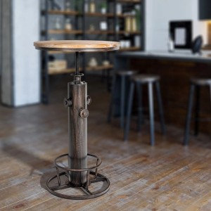 Höhenverstellbarer Stehtisch Ruhr aus Bronze-Metall mit runder Holzplatte im Industrial Style.