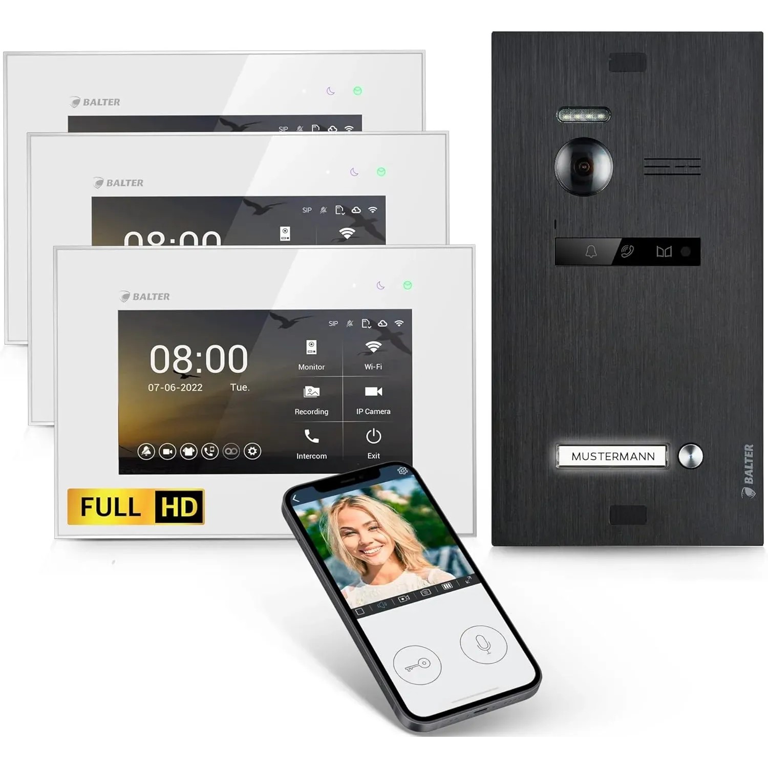 Balter EVO-HD Video-Türsprechanlage mit App für Einfamilienhaus mit 3x 7 Zoll Monitor Weiß-Schwarz