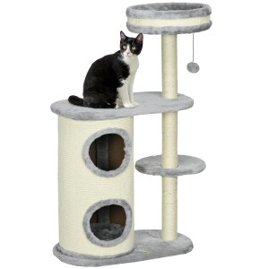 PawHut Kratzbaum, 100cm, mit Kratztonne, Sisalsäule und Kissen. Katze sitzt auf dem hellgrauen Kratzbaum.