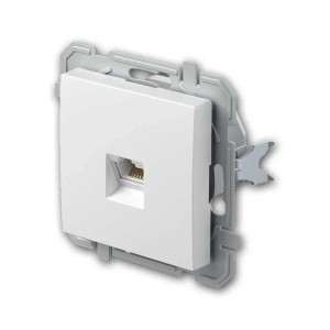 Weiße TEM LOGIQ RJ45 Netzwerkdose CAT6 aus glänzendem Kunststoff, mit Montageplatte für Unterputz, ohne Rahmen.