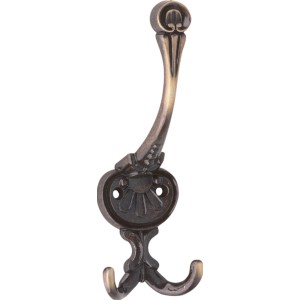 Wandhaken 504 in Altmessing brüniert, Metall, mit zwei Haken und dekorativem Design.