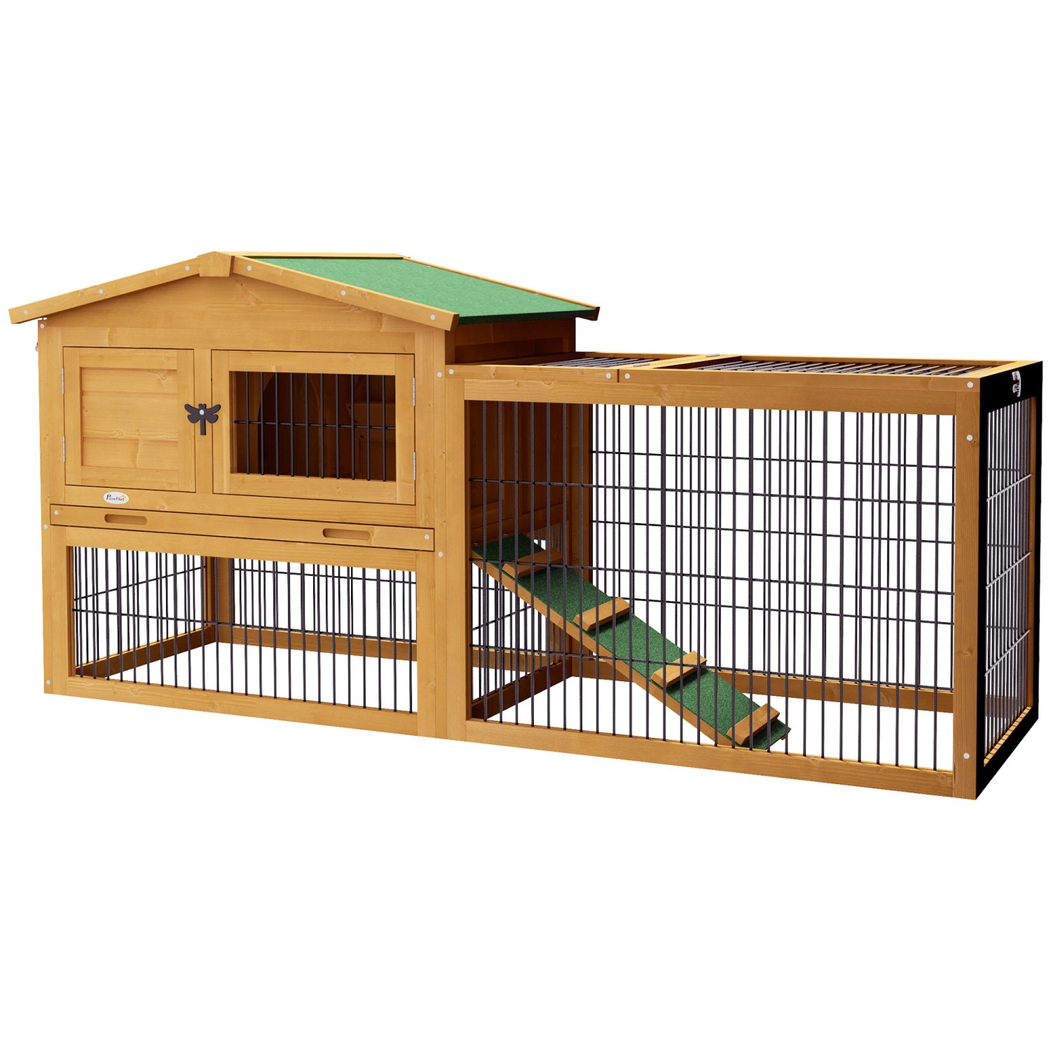 PawHut Kaninchenstall Tannenholz Freilaufgehege Rampe Gelb 150cm x 52cm x 68cm
