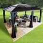 Sojag Pavillon Meridien 12x16 Anthrazit mit Moskitonetzen und Gartenmöbeln auf Terrasse.