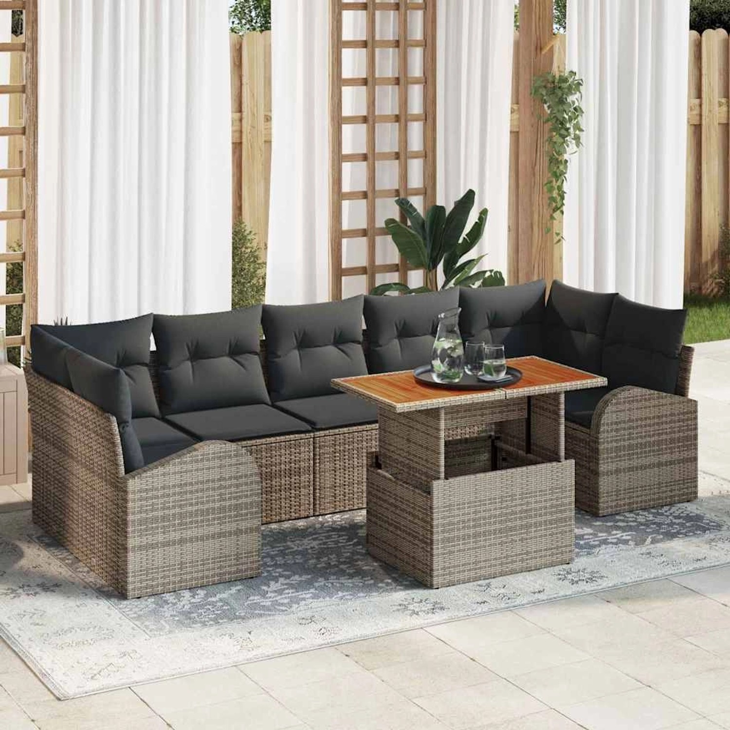 Graues 8-teiliges vidaXL Garten-Sofa-Set aus Polyrattan mit Tisch und Stauraum.