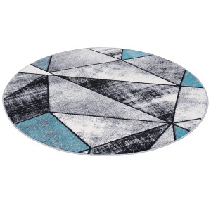 Runder, blauer Designer Teppich mit geometrischem Muster. Kurzflorteppich für Wohnräume.