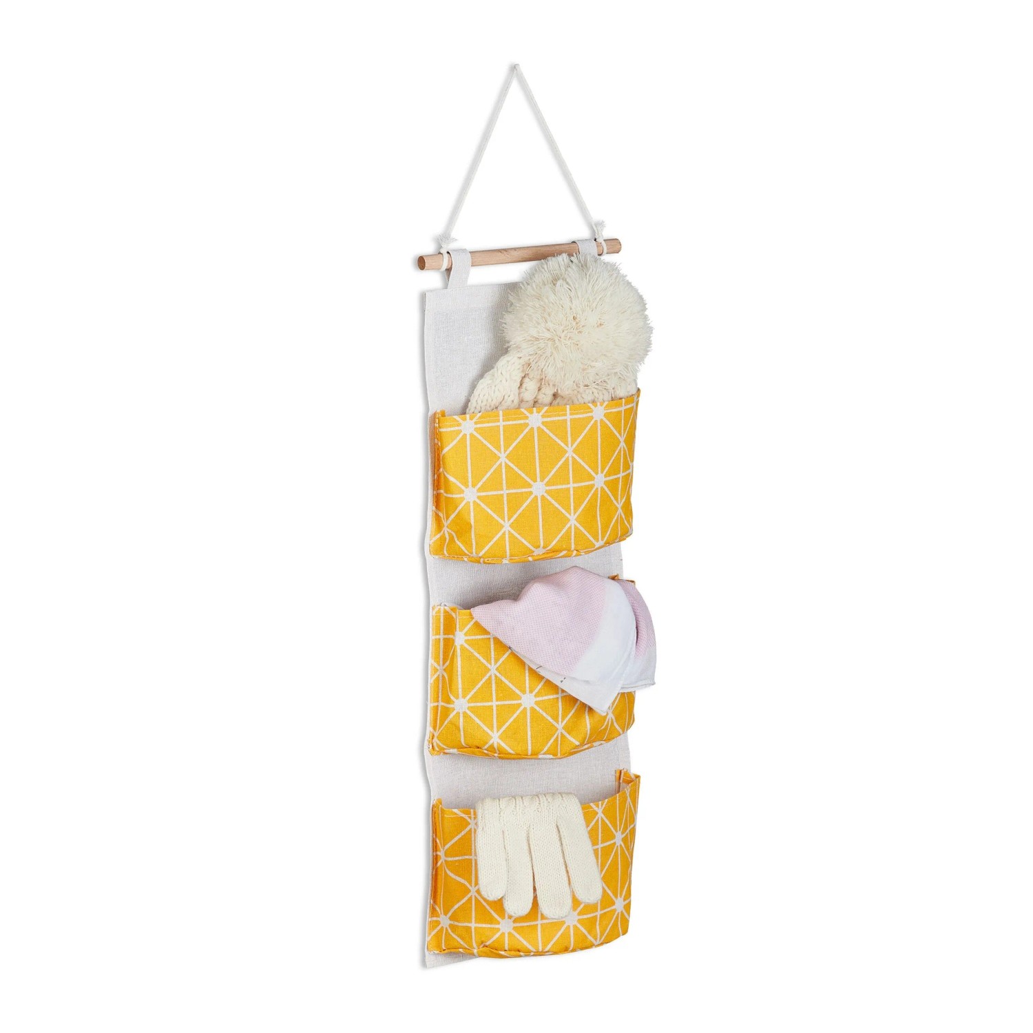 Relaxdays Hängeorganizer Baumwolle Gelb mit 3 Fächern 74 cm x 20 cm x 8 cm 100 g