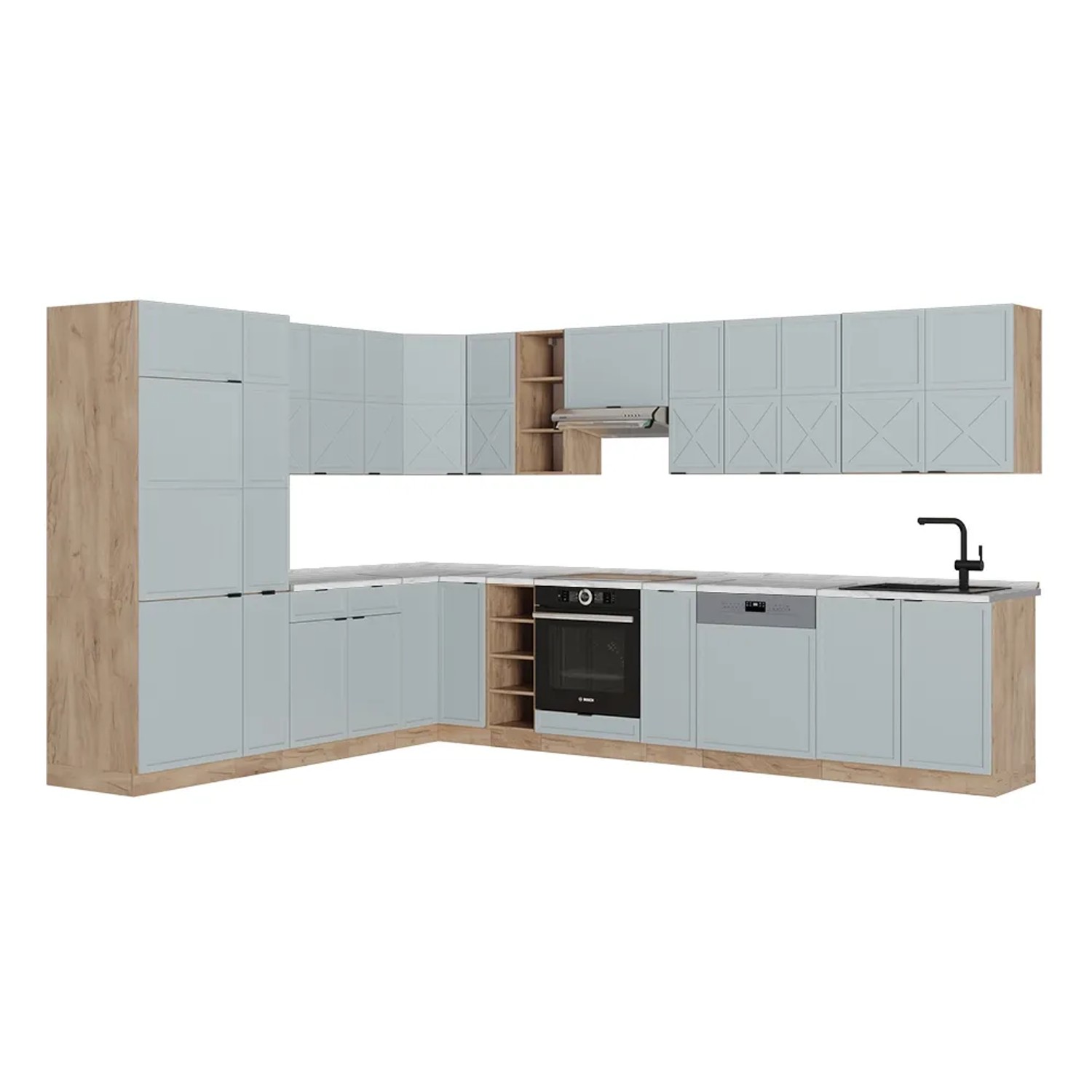 Vicco Fame-Line Eckküche Hellblau-grau/Goldkraft Eiche 347 x 257 cm AP Marmor ohne E-Geräte