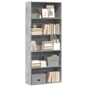 Hohes vidaXL Bücherregal in Betongrau aus Holzwerkstoff mit 5 offenen Fächern, gefüllt mit Büchern und Deko.