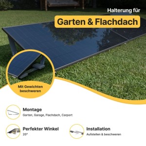 Solakon Balkonkraftwerk Solarmodul mit Garten- & Flachdachhalterung, 20° Neigung, beschwerbar, einfache Montage.