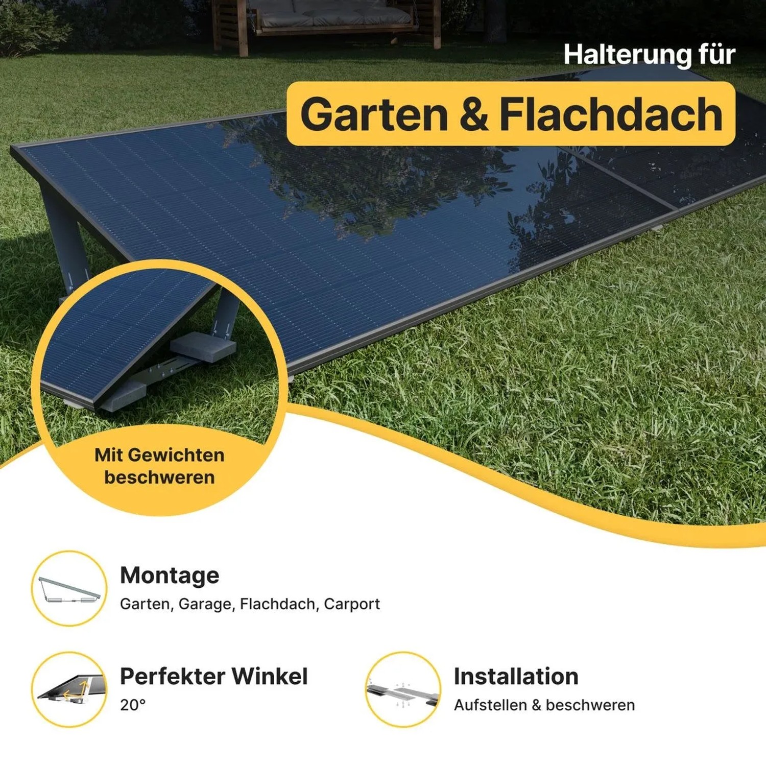 Solakon Balkonkraftwerk Solarmodul mit Garten- & Flachdachhalterung, 20° Neigung, beschwerbar, einfache Montage.