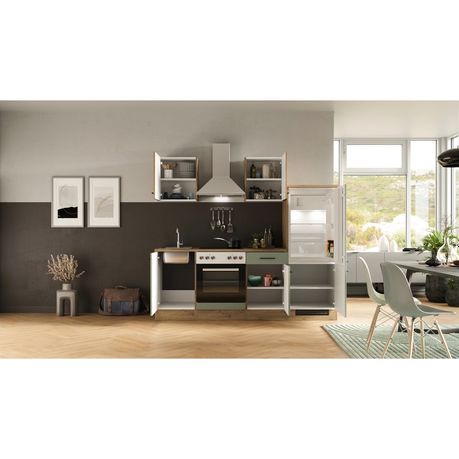 Flex-Well Küche Cara in Schilfgrün/Artisan Eiche mit E-Geräten und Spüle. Kompakte Küchenzeile.