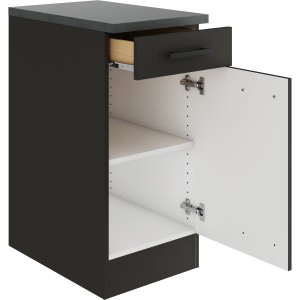 OPTIFIT Madrid420 Küchenunterschrank, 40 cm, Anthrazit Matt, mit Schublade und Tür geöffnet.