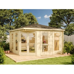 Alpholz 5-Eck Gartenhaus Maja mit Spitzdach, imprägniert, 425x425 cm. Holz-Gartenhaus mit vielen Fenstern.