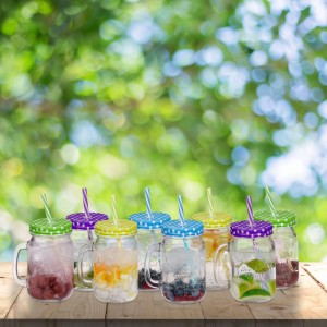 Relaxdays Trinkgläser 4er Set Glas Transparent mit Deckel und Strohhalm 13,5 cm x 11 cm x 8 cm