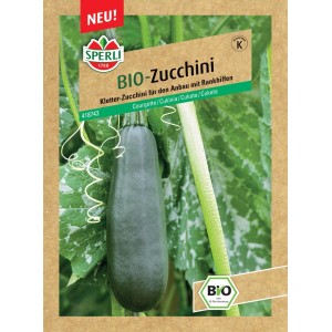 Sperli Bio Kletterzucchini Ola Escaladora Samenpackung mit grüner Zucchini und Rankhilfe.