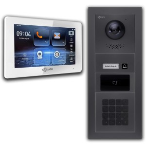Goliath IP Video Türsprechanlage mit 7 Zoll Monitor, Zahlencode, RFID, Farbe Anthrazit/Weiß.