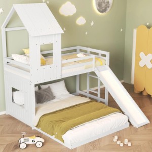 okwish Etagenbett 90×200 Kinderbett mit Rutsche Fallschutzgitter und Dach ohne Matratze
