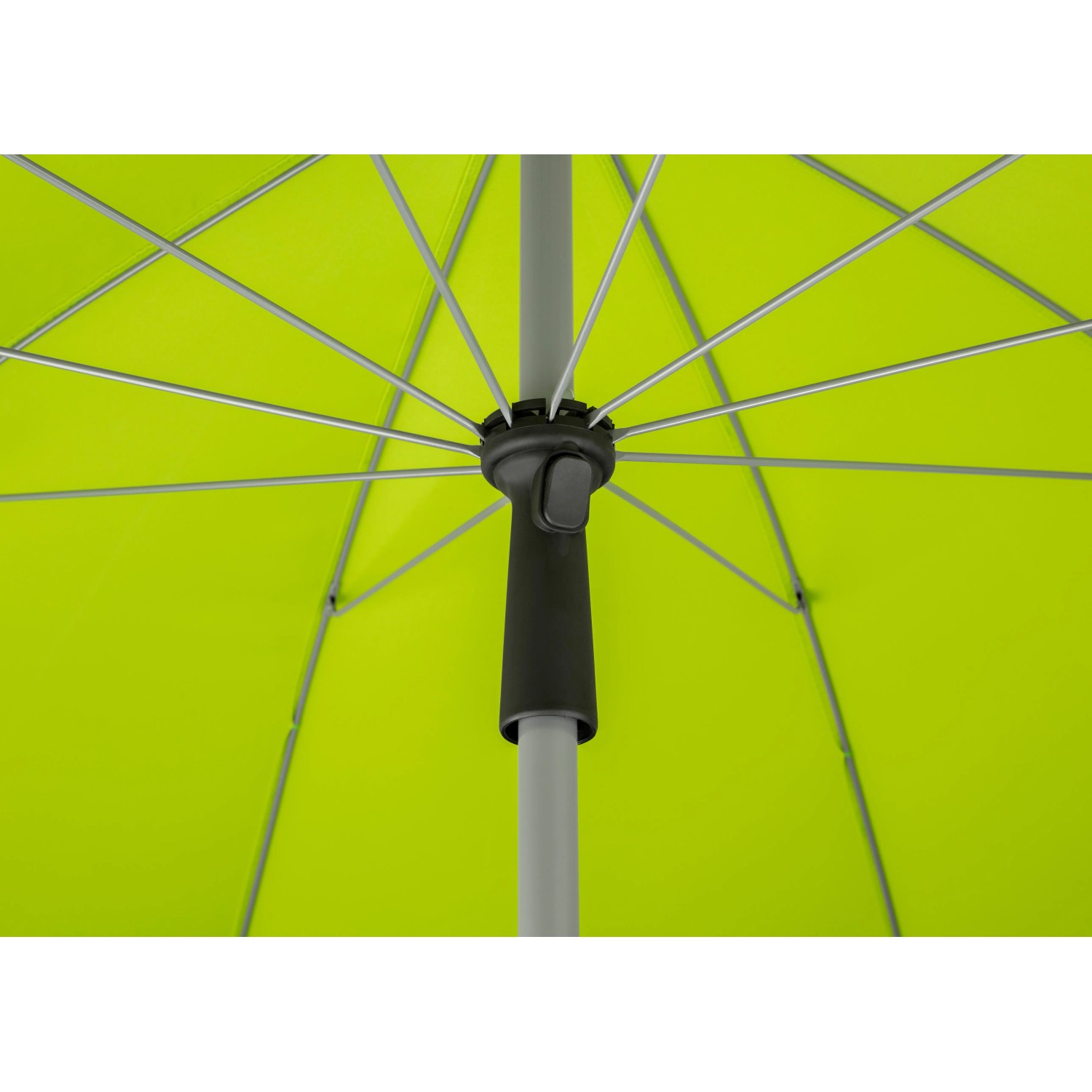 Detailaufnahme: Apfelgrüner Schneider Marktschirm, Ø 220 cm, mit Knickfunktion und Stahlgestell.