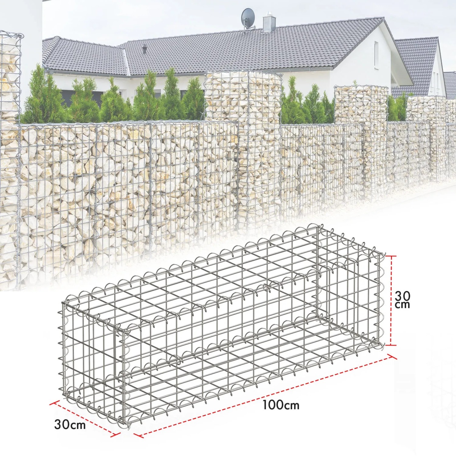 KARAT Gabionenkorb Lenox, 100x30x30 cm, verzinkt, für Zaun und Sichtschutz im Garten.