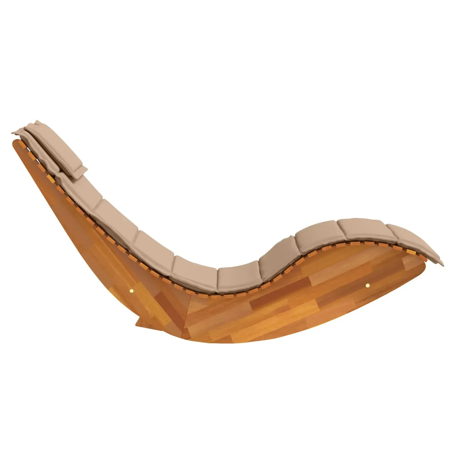 Zwei Wipp-Sonnenliegen aus Akazienholz mit taupefarbenen Kissen für Garten oder Terrasse.