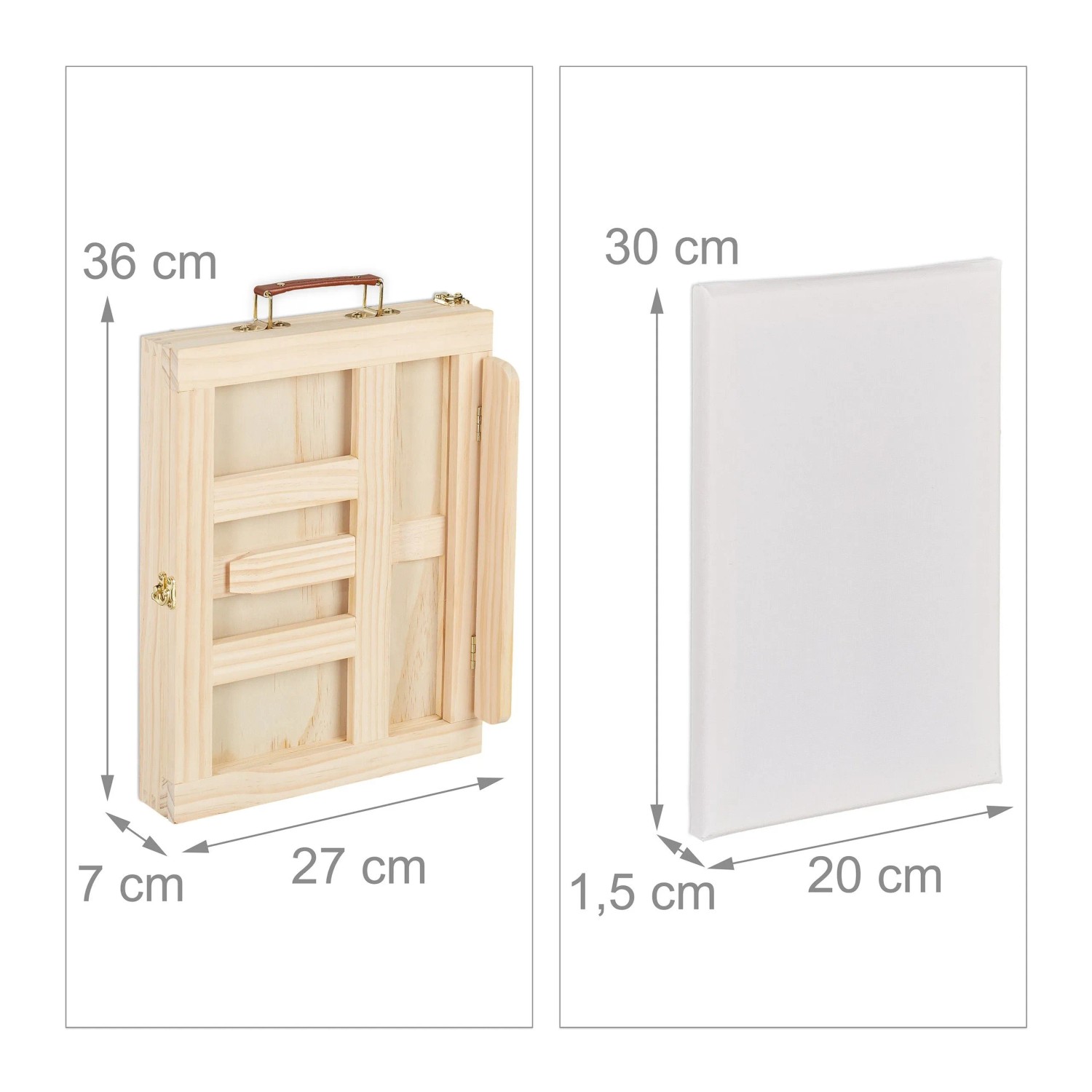 Naturfarbene Holz-Tischstaffelei als Koffer mit Griff, daneben weiße Leinwand. Kompaktes Malset.