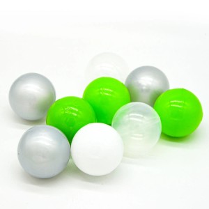 Bällebadbälle von LittleTom, 200 Stück in Grün, Grau, Weiß und Transparent, Durchmesser 5,5 cm.