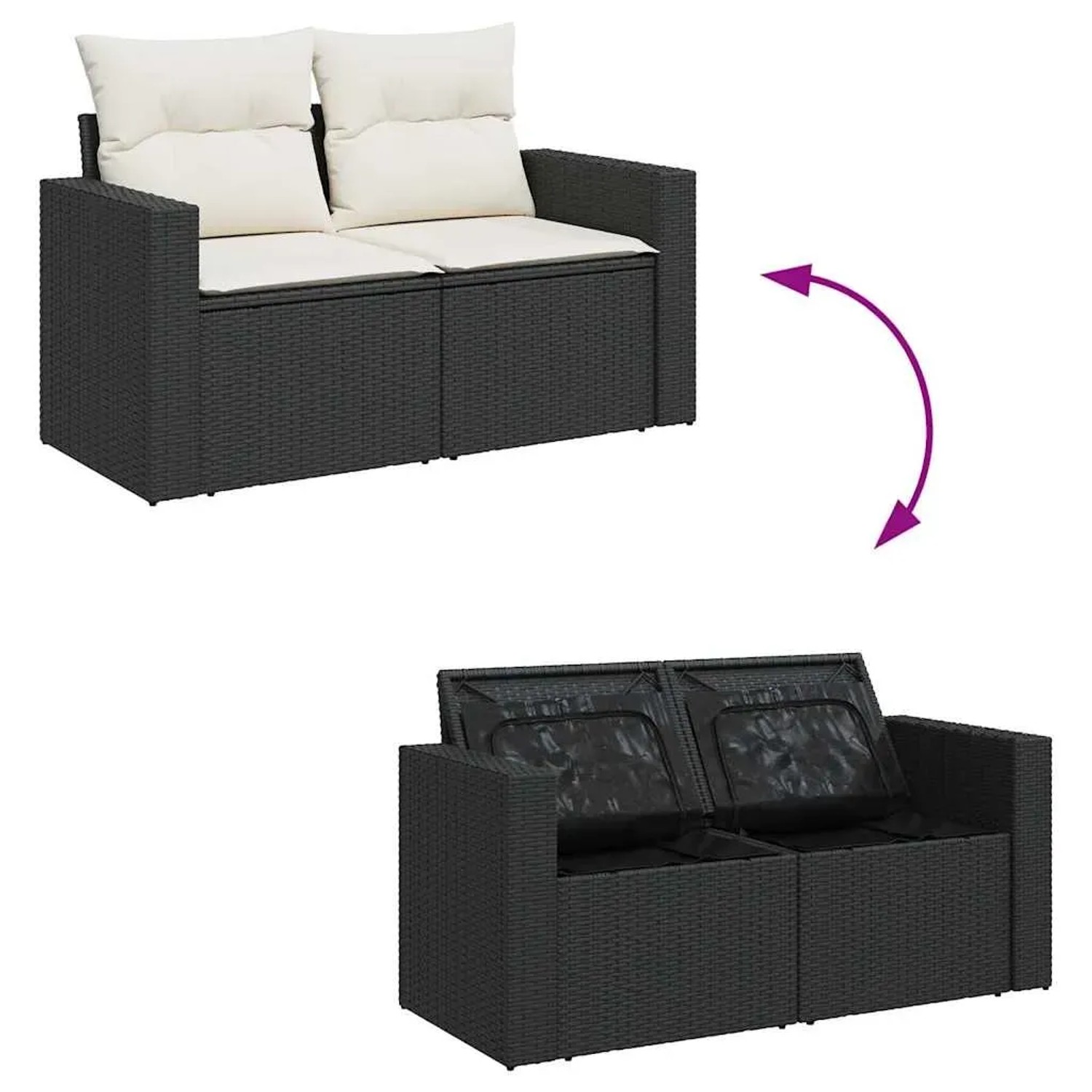 vidaXL Garten-Sofagarnitur, 14-tlg., schwarz, Poly Rattan, mit Kissen und Stauraum.