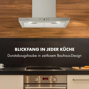 Klarstein Limelight Dunstabzugshaube (60cm) aus Edelstahl, montiert über einem Herd in einer Küche.