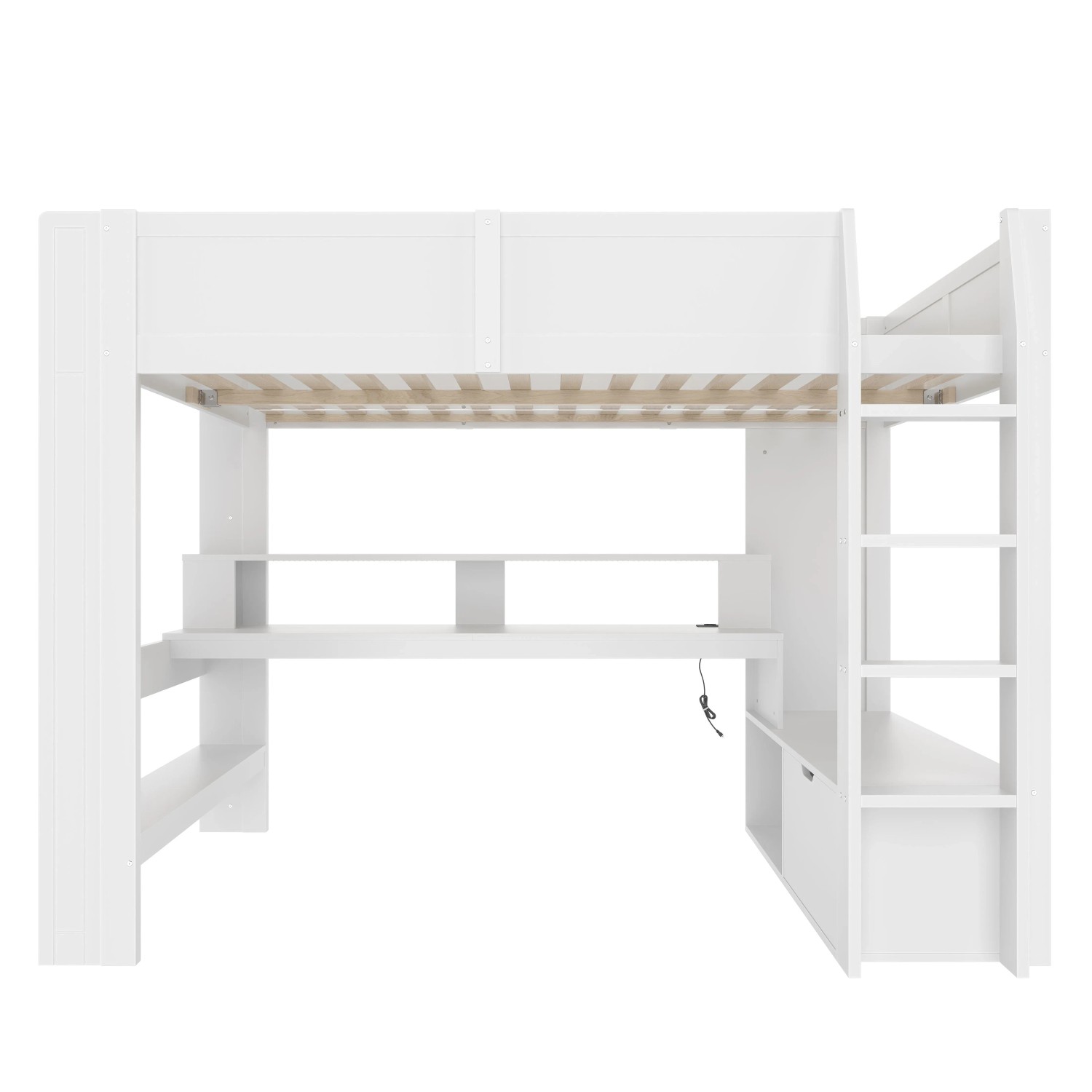 okwish Hochbett 140x200cm mit Schreibtisch und LED Beleuchtung Kinderzimmer Weiß ohne Matratze