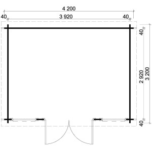 Grundriss Carlsson Gartenhaus Atrium-F, Pultdach, 400x294 cm, unbehandeltes Holz.