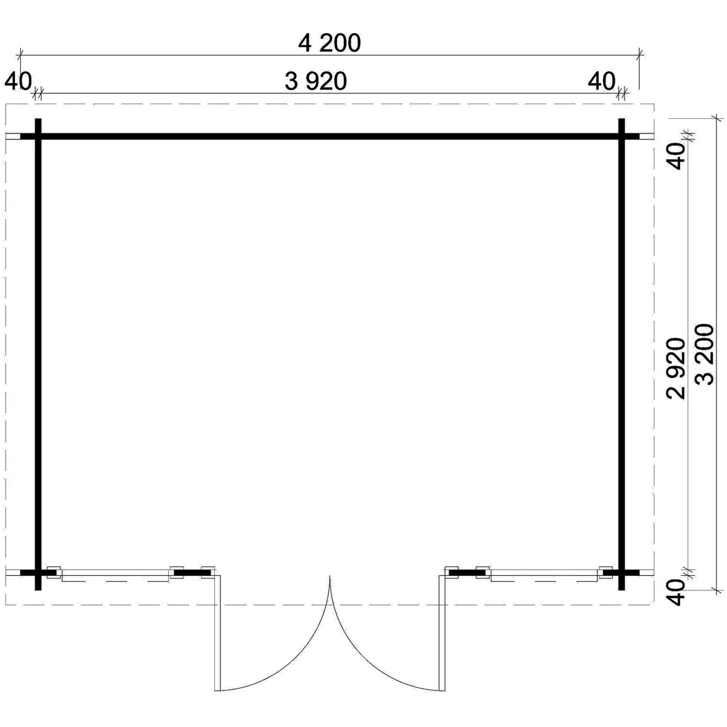 Grundriss Carlsson Gartenhaus Atrium-F, Pultdach, 400x294 cm, unbehandeltes Holz.