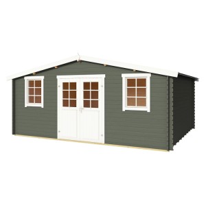Lasita Gartenhaus Wels 5, grau-grün, 510x400 cm. Holz-Gartenhaus mit Doppeltür und Fenstern.