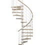 Minka Spindeltreppe Venezia Eiche/Weiß, 140 cm Durchmesser. Wendeltreppe mit Holzstufen und weißem Metallgeländer.